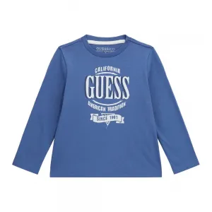 Синя блуза с дълъг ръкав за мини момче с бял надпис на марката Guess