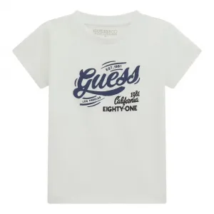 Бяла тениска за мини момче със син надпис Guess