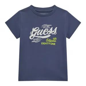 Синя тениска за мини момче с бял надпис Guess