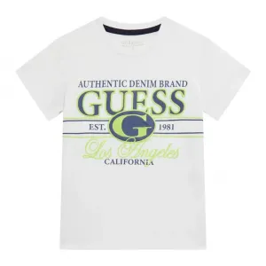 Бяла тениска за мини момче с бродиран двуцветен надпис Guess