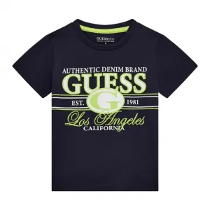 Тъмно синя тениска за мини момче с бродиран двуцветен надпис Guess