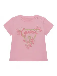 Розова тениска със златисто лого Guess с глитери и цветя за бебе момиче