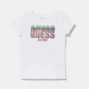 Бяла тениска за мини момиче с многоцветен надпис Guess с пайети
