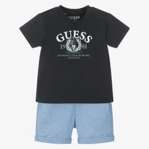 Комплект тъмно синя тениска и къси панталонки за бебе момче Guess