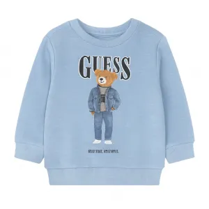 Блуза в бледо син цвят за мини момче с цветно мече и тъмно син надпис Guess