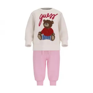Комплект за бебе момиче с бяла блуза с мече и розов спортен панталон Guess