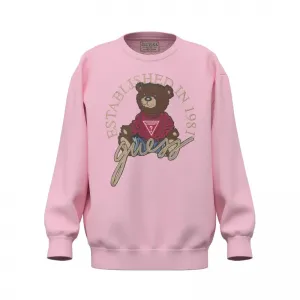 Oversize блуза с дълъг ръкав за момиче в розов цвят с бродирано мече Guess