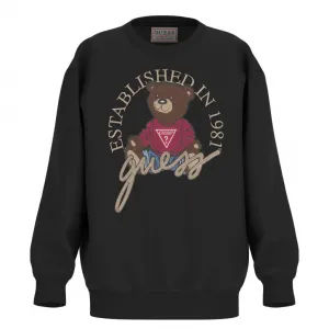 Oversize блуза с дълъг ръкав за момче в черен цвят с бродирано мече Guess