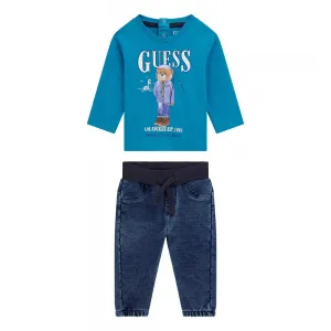 Комплект синя блуза с мече и деним панталон за бебе момче Guess