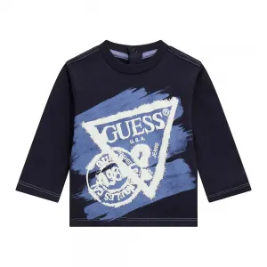 Тъмно синя блуза за бебе момче със светло синя-бяла щампа Guess