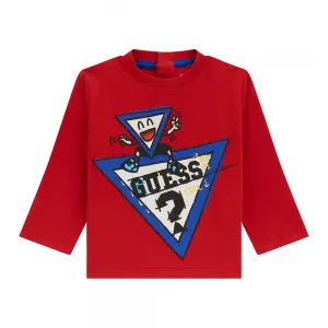 Червена блуза за бебе момче с цветна забавна апликация Guess