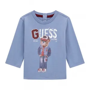 Тениска с дълъг ръкав за бебе момче в син цвят с мече и надпис Guess