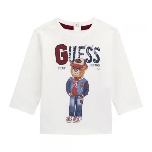 Блуза с дълъг ръкав за бебе момче в бял цвят с мече и надпис Guess