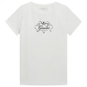 Бяла тениска за момиче с панделка и надпис Guess