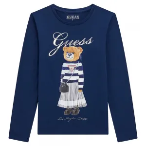 Памучна блуза в синьо с цветно мече за момиче и сребрист надпис Guess