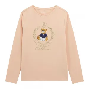 Блуза цвят праскова за момиче с цветно мече и златист надпис Guess