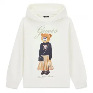 Суичър в мръсно бял цвят за момиче с мече и бродиран надпис Guess