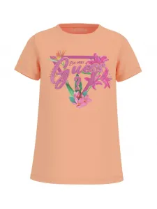 Оранжева тениска с цикламено лого с глитери и цветя за момиче Guess