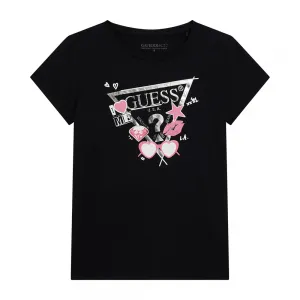 Черна тениска за момиче със сребристи и розови щампи Guess