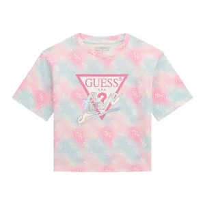 Къса и широка тениска за момиче в свежи цветове и лога Guess