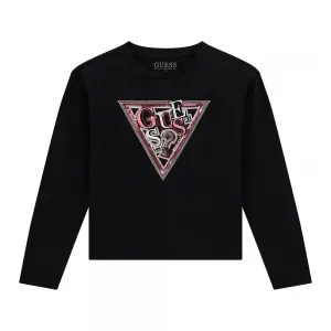 Черна блуза с дълъг ръкав за момиче с лого от пайети Guess