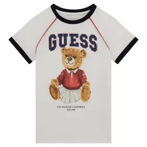 Тениска за момиче в бяло с черни детайли и цветно мече отпред Guess