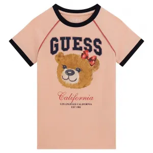 Тениска за момиче в розово с черни детайли и цветно мече отпред Guess