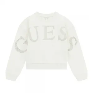 Плътна блуза за момиче в бял цвят с надпис Guess от кристали