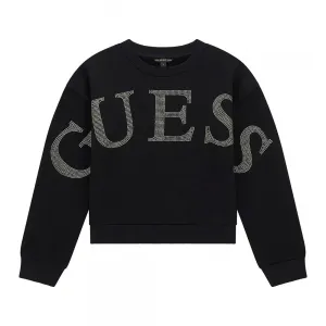 Плътна блуза за момиче в черен цвят с надпис Guess от кристали