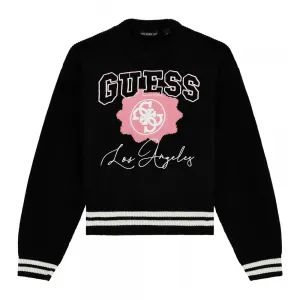 Плътен пуловер в черно за момиче с бродирани розови и бели детайли Guess