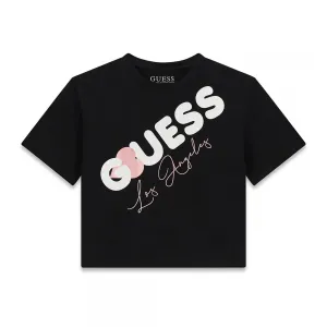 Черна къса тениска за момиче с бял надпис Guess и розово сърце