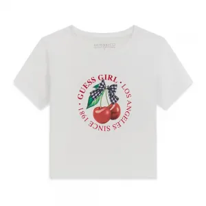 Бяла тениска за момиче с черешки и червени надписи Guess