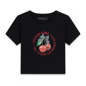 Черна тениска за момиче с черешки и червени надписи Guess