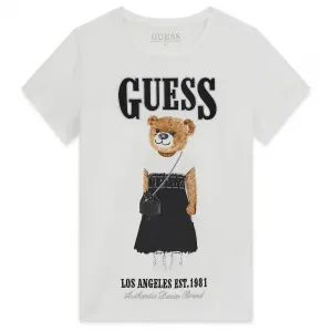 Бяла тениска за момиче с голямо цветно мече отпред и черен надпис Guess