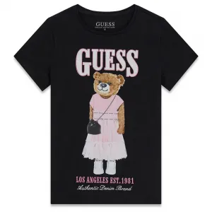 Черна тениска за момиче с голямо цветно мече отпред и сребрист надпис Guess