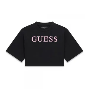 Къса черна тениска за момиче с бледо розов бродиран надпис Guess