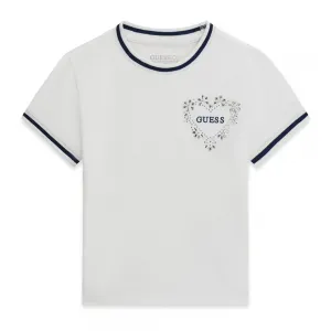 Бяла тениска с тъмно сини ивици, надпис Guess и кристали