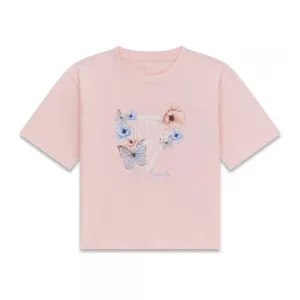 Розова тениска за момиче с бяло лого и цветя Guess