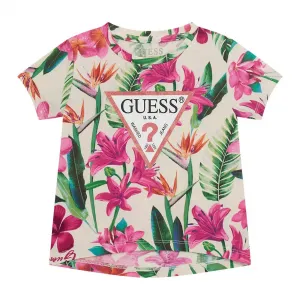 Тениска за мини момиче с цветя и палми с розово лого Guess с глитери