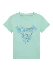 Зелена тениска със сребристо лого Guess с глитери и цветя за момиче