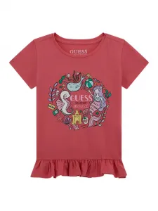 Коралова тениска за мини момиче с цветни апликации и къдрички Guess