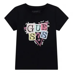 Черна тениска за мини момиче с гумирани цветни букви Guess