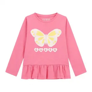 Розова блуза за мини момиче с гумирана пеперуда с глитери Guess