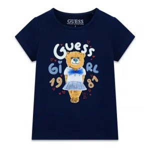 Тъмно синя тениска за мини момиче с цветни надписи с глитери и мече Guess