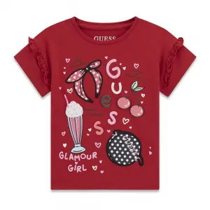 Червена тениска за мини момиче с много детайли и цветни картинки Guess