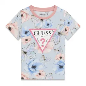 Тениска за мини момиче с пеперуди, цветя и розово лого Guess