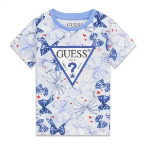 Тениска за мини момиче със сини панделки и синьо лого Guess