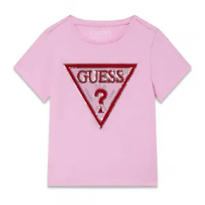 Розова тениска за мини момиче с червено лого Guess с пайети