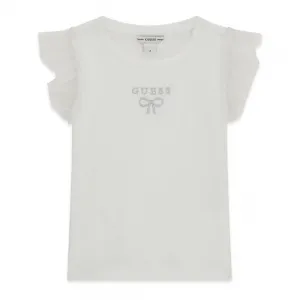 Бяла тениска за мини момиче с шифонени ръкави и малък надпис Guess