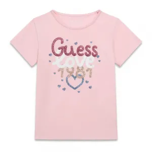Тениска в розов цвят за мини момиче Guess Love с глитери